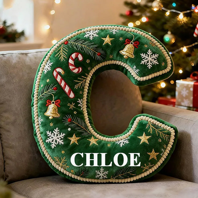 Personalized Christmas Letter Pillow Green Festive Holiday Decor Candy Cane and Bell Graphic 3D Print Custom Cushion for Living Room Soft Decorative