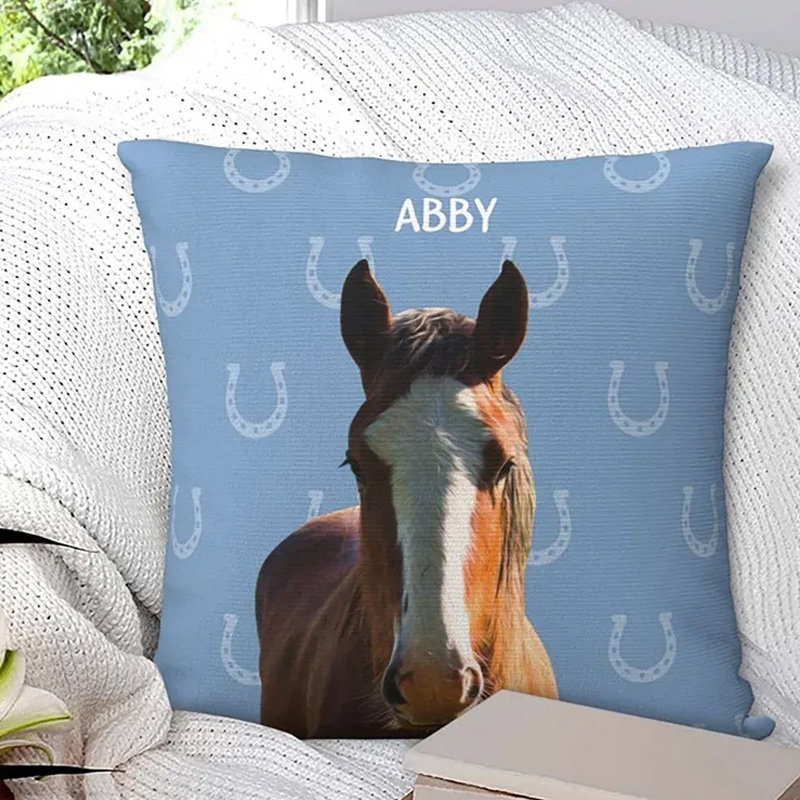 Personalized Horseshoe Horse Face Photo Throw Pillow Cover with Name Home Decor Birthday Anniversary Gift for Horse Owner Lover Equestrian Lovers