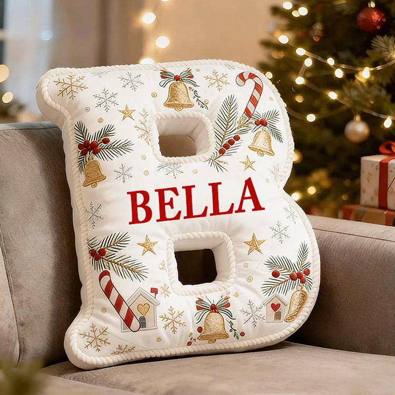 Personalized Christmas Initial Pillow Graphic 3D Print Custom Name Pillow Festive Holiday Decor Cozy Home Accent Soft Cushion Gift for Family and Kids 