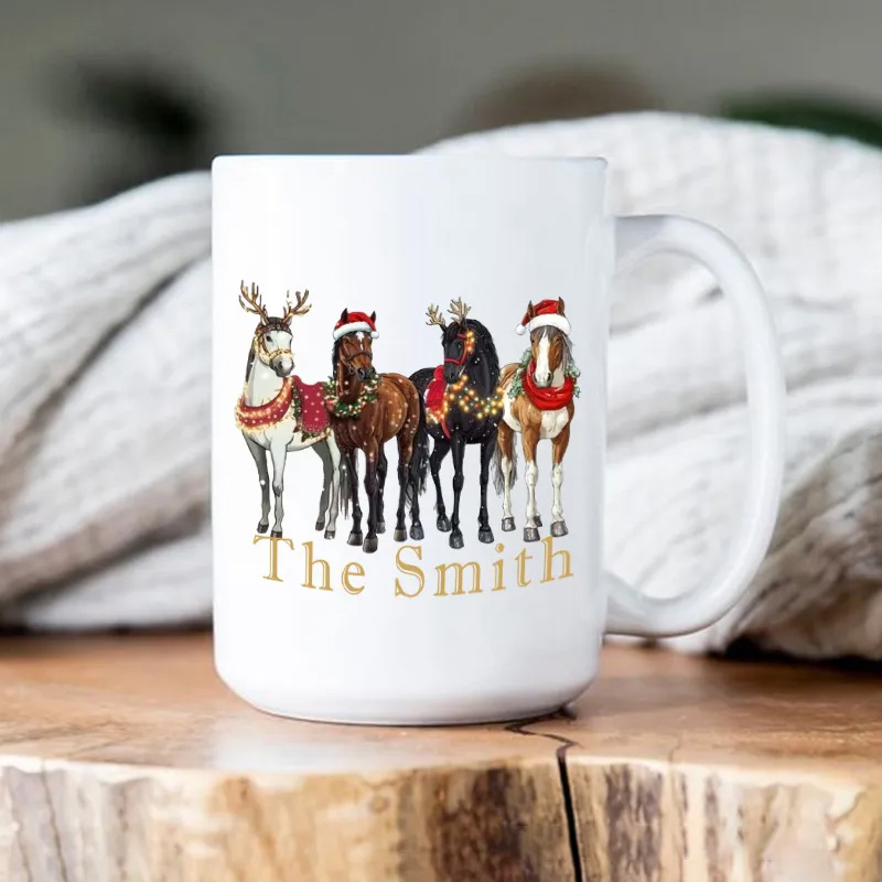 Personalized Four Horses Xmas Equestrian Mug French Countryside Gifts Coffee Cup Bicycle Tea Cup Riding Ceramic Mug Gift for Riding Lovers Equestrian Lovers