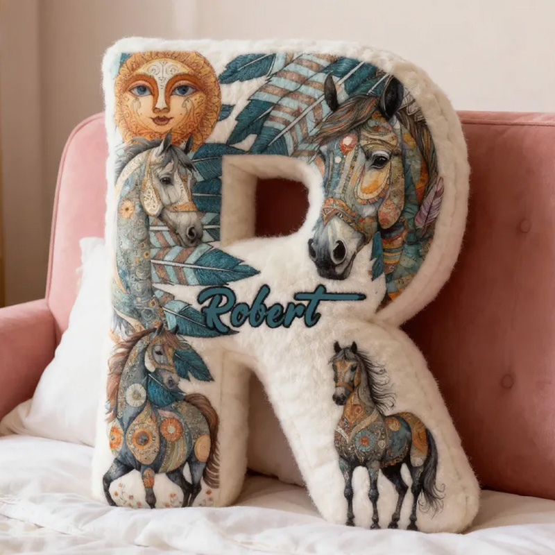 Personalized Riding Feather Letter Pillow Horse Custom Name Festive Decor with French Countryside Gifts for Family Graphic 3D Print for Riding Lovers Equestrian Lovers