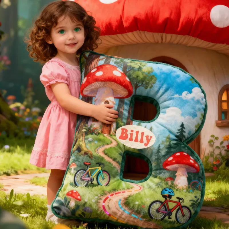 Personalized Forest Mushroom Bicycle Adventure Letter Pillow Custom Name Festive Decor with Bicycle Adventure Gifts for Family Graphic 3D Print Cycling Riding Lovers