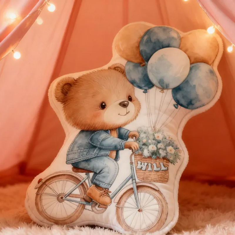 Personalized Teddy Riding Pillow Cozy Lovely Graphic 3D Print Bicycle Throw Pillow Name Pillow Comfortable Balloon Travel Cushion for Kids Girls Riding Lovers