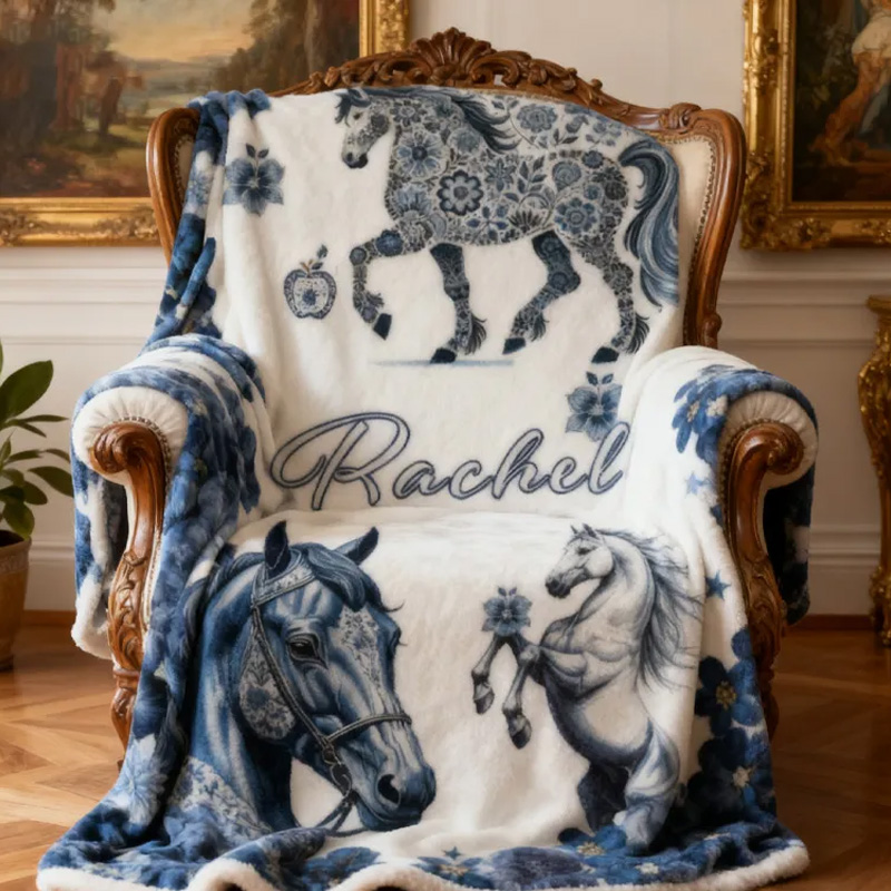 Personalized Riding Blanket Equestrian Horse Custom Name Blue And White Porcelain Decor with French Countryside Gifts Family Blanket for Riding Lovers Equestrian Lovers