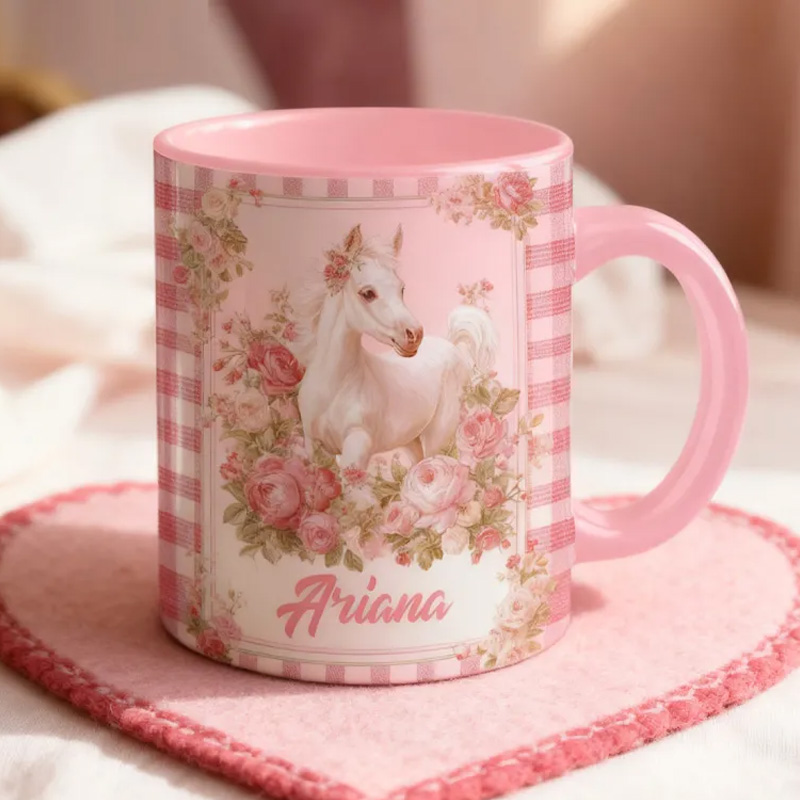 Personalized Valentines Equestrian Mug Love You Pink Gingham Flowers Valentines Day Gift for Riding Lovers Equestrian Lovers
