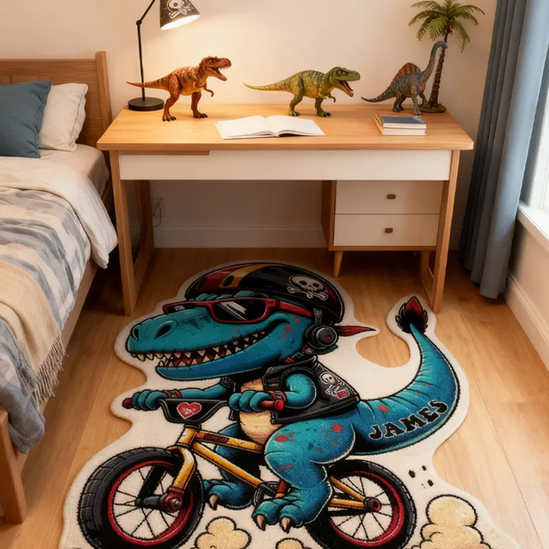 Personalized Dino Rider Graphic Rug Doormat Kids Cycling Dinosaur Rug Doormat Children's Bedroom Playroom Rug Gifts for Kids Riding Lovers