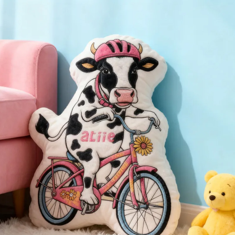 Personalized Cow Rider Bike Pillow Cozy Graphic 3D Print Funny Princess Pillow Name Pillow Comfortable Travel Cushion for Kids Girls Riding Lovers