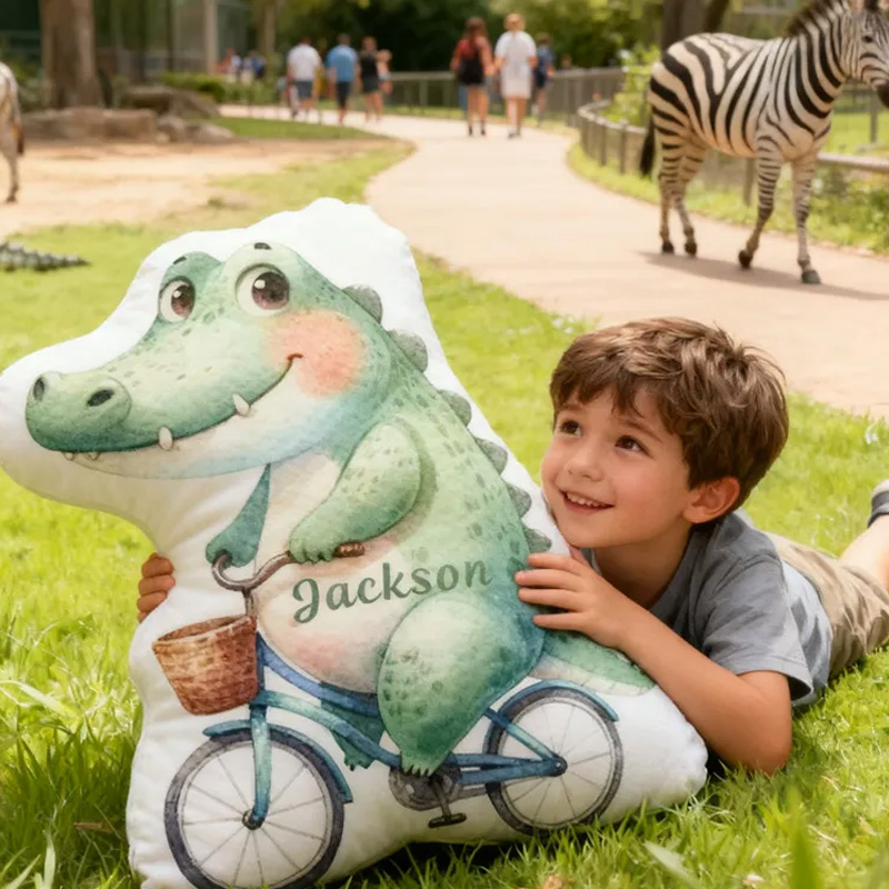Personalized Crocodile Bike Pillow Cozy Graphic 3D Print Bow Pillow Name Pillow Comfortable Travel Cushion for Kids Riding Lovers
