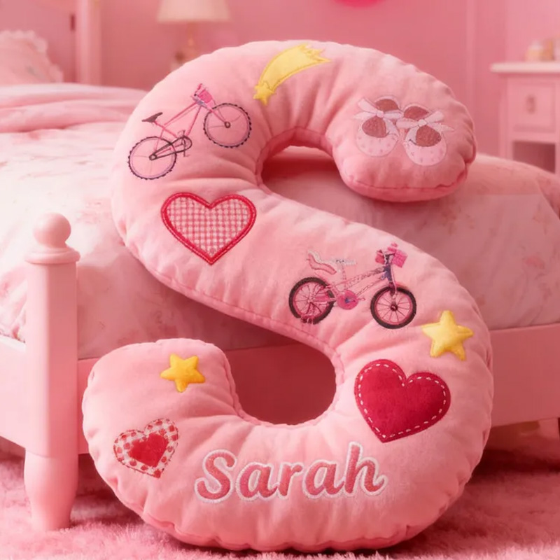 Personalized Cycling Pinky Heart Letter Pillow Graphic 3D Print Bow Letter Pillow Name Pillow Comfortable Travel Cushion for Riders Riding Lovers