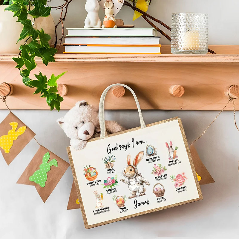 Personalized God Said I Am Cute Dream Job Bunny Bible Jute Tote Bag with Name and Canvas Pocket Easter Birthday Christian Gift for Kids