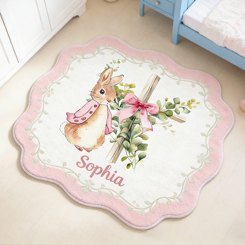 Personalize Floral Bow Cross Rabbit Rug with Custom Name Home Decor Religious Rug Faith Based Gift Easter Gift Christian Gift for Kids