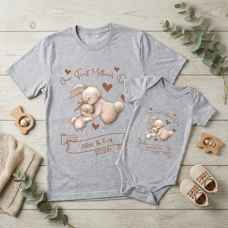 Personalized Cute Bear Bunny Giraffe 100% Cotton T-Shirt and Baby Onesie Our First Mother's Day T-shirt Funny Mummy and Baby Gift Mama and Me tee Baby bodysuit