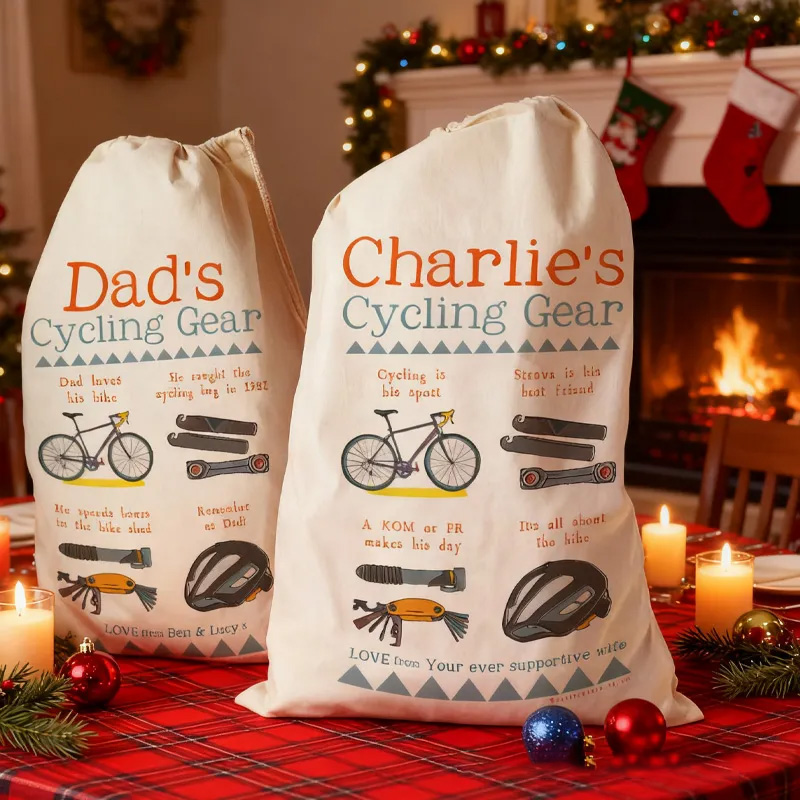 Personalized Merry Christmas Sack Family Christmas Gift Wrap Bag Cycling Storage Sack Mountain Bike Gift Cotton Cycling Kit Sports Bag Gift for Cyclist Bicycle Biker Riding Lovers