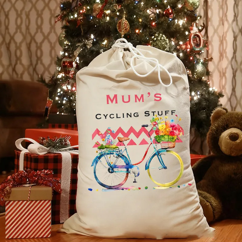 Personalized Merry Christmas Sack Family Christmas Gift Wrap Bag Personalized Cycling Kit Sack Cotton Sports Bag Gift for Cyclist Bicycle Biker Riding Lovers