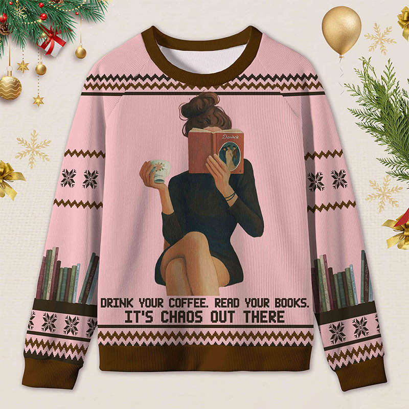 Personalized Bookish Barista Tranquil Reading Ugly Sweater Holiday Gift for Book Lovers