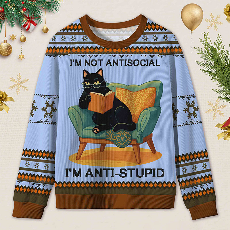 Personalized Wise Bookish Cat Reading Ugly Sweater Holiday Gift for Book Lovers