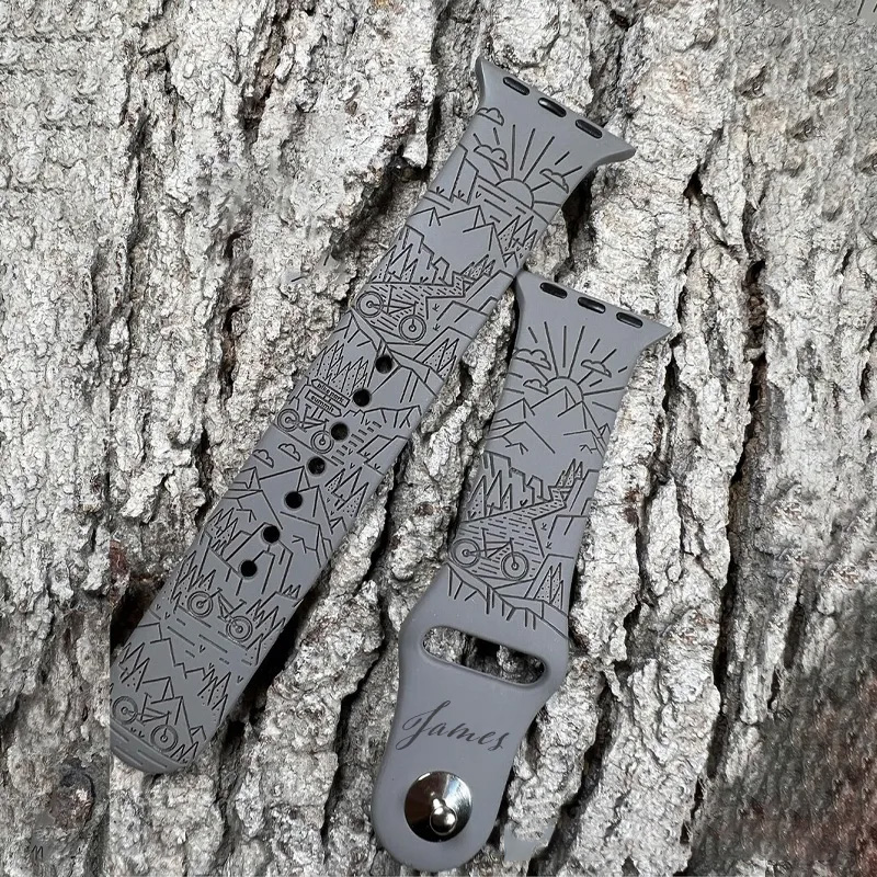 Personalized Mountain Bike Watch Band Silicone Laser Engraved Apple Watch Compatible Series for Cycling Lovers 