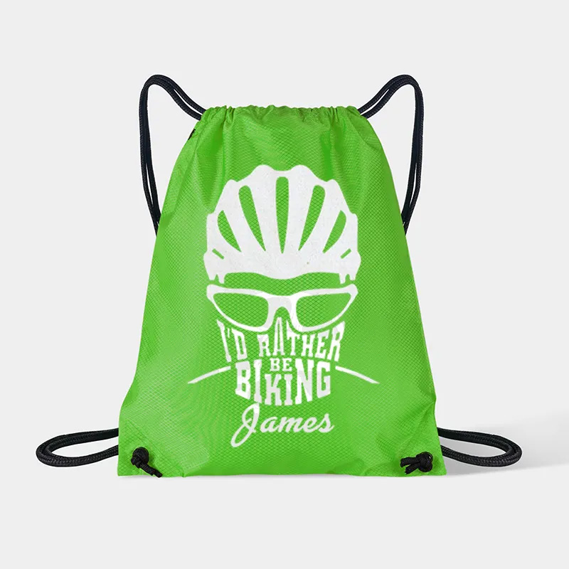 Personalized Drawstring Bag about Id Rather Be Biking Sports Backpack Bags Biker Typography Graphic Eco Friendly Tote Bag Bike Enthusiast Gift