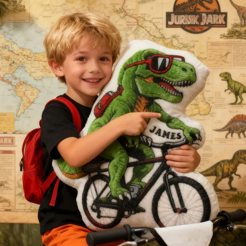 Personalized Dino Rider Bike Pillow Cozy Graphic 3D Print Cool Racing Biker Dino Pillow Name Pillow Comfortable Travel Cushion for Kids Boys Riding Lovers