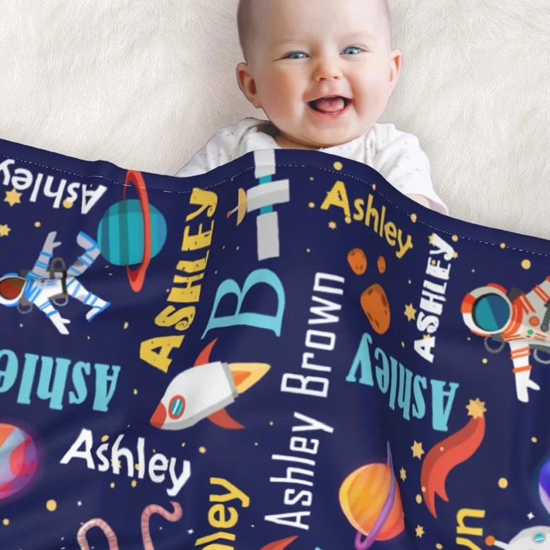 Personalized Space Theme Astronaut Rocket Fleece Soft Blanket with Name Birthday Gift for Kid Geek Lovers