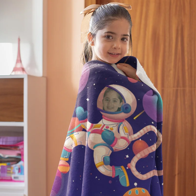 Personalized Planet Galaxy Fleece Blanket with Astronaut Avatar Universe Theme Home Decoration Birthday Gift for Kids Space Fans for Geek Lovers