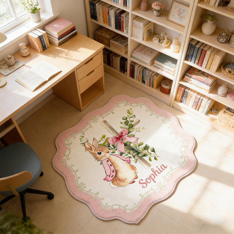 Personalize Floral Bow Cross Rabbit Rug with Custom Name Home Decor Religious Rug Faith Based Gift Easter Gift Christian Gift for Kids