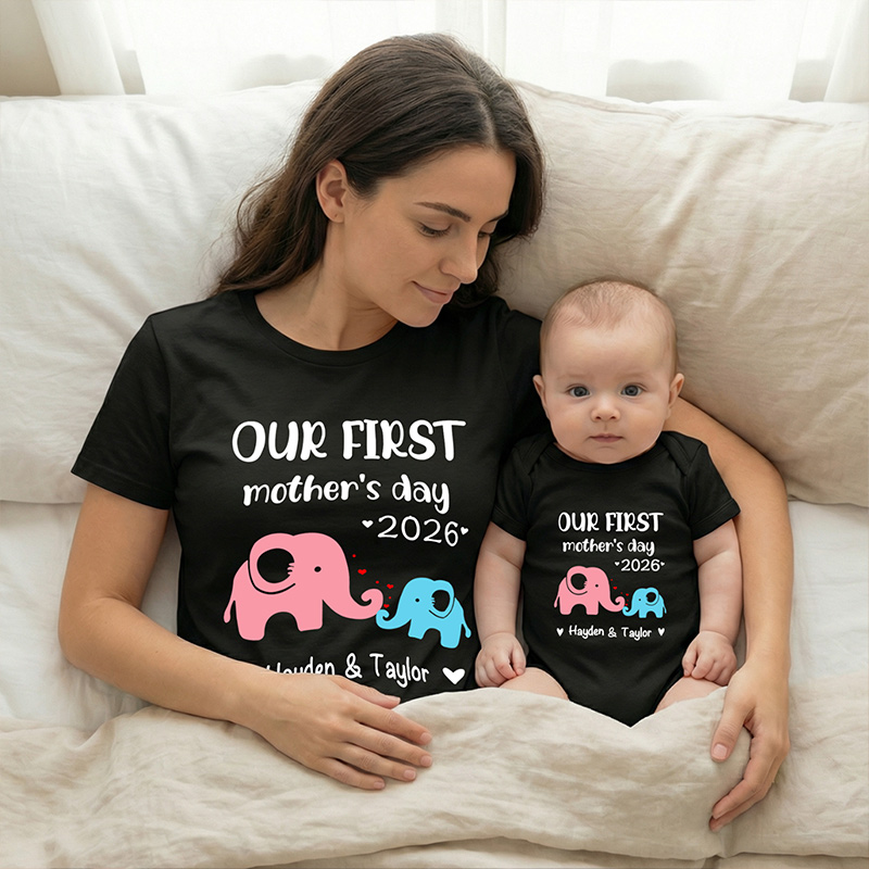 Personalized Cute Bear Bunny Giraffe 100% Cotton T-Shirt and Baby Onesie Our First Mother's Day T-shirt Funny Mummy and Baby Gift Mama and Me tee Baby bodysuit