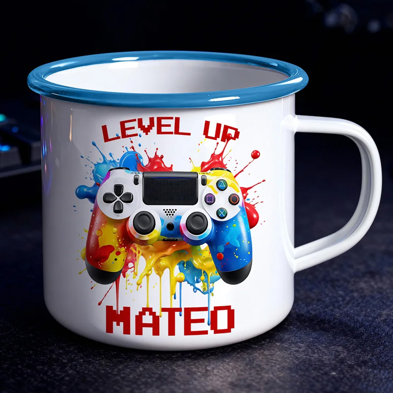 Personalized Watercolor Ink Splash Gamepad 12 oz Colored Rim Enamel Mug with Name Daily Use Birthday Gift for Kids for Geek Game Lovers