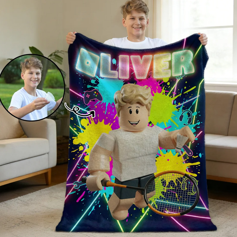 Personalized Neon Game Theme 3D Cube Style Photo Splatter Paint Soft Throw Blanket with Name Gaming Room Decor Birthday Gift for Gamer Kid