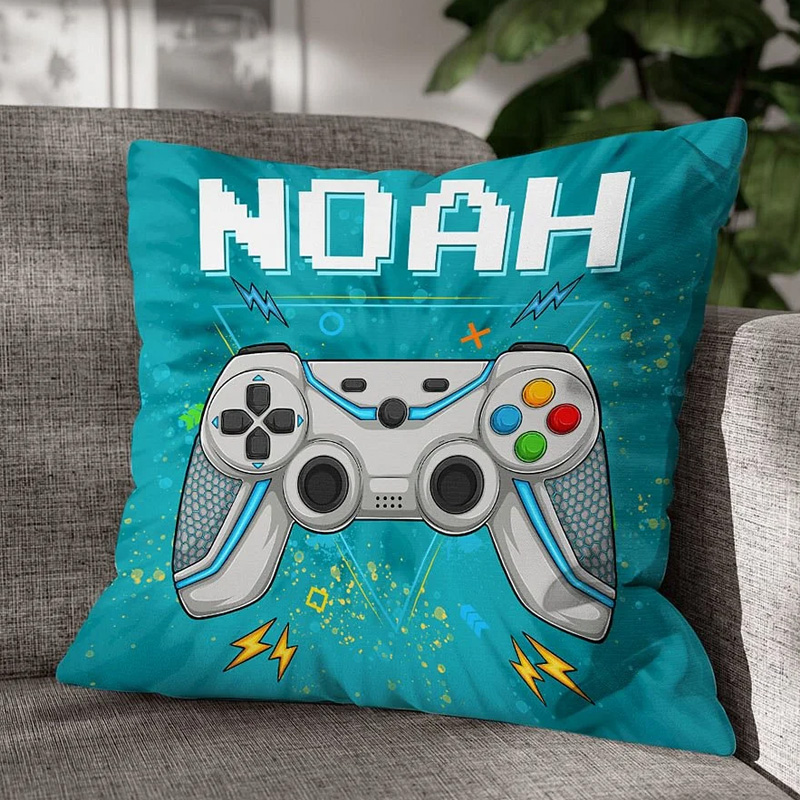 Personalized Multicolor Tie dye Effect Gamepad Throw Pillow Cover with Name Gaming Elements Home Decor Birthday Gift for Kids Geek Lovers