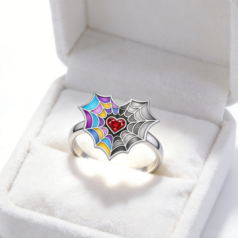 Personalized Birthstone Spiderweb Heart Ring Sterling Silver Ring Symbolic Jewelry Gift for Couples and Best Friends