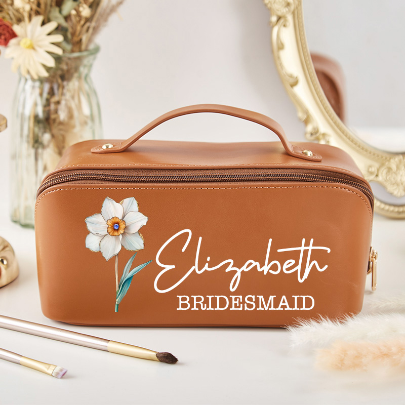 Personalized Retro Oil Painting Birth Flower with Birthstone Large Leather Cosmetic Bag Bridesmaid Gifts Bride Make Up Bag Bachelorette Party Favors