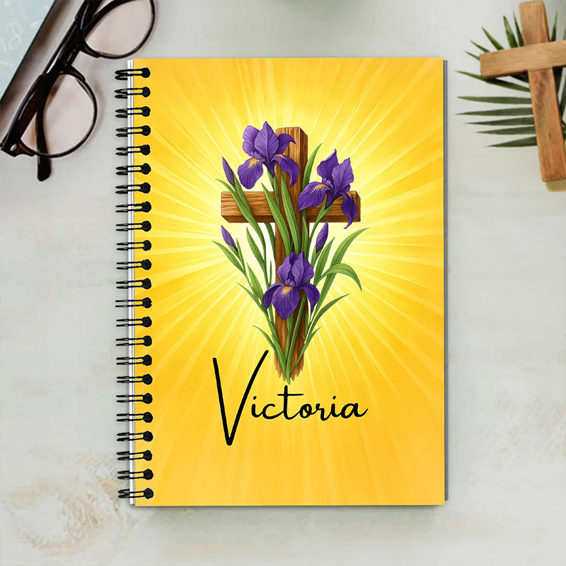 Personalized Cross Birth Flower Spiral Journal Notebook with Name Back to School Birthday Gift for Christian Student