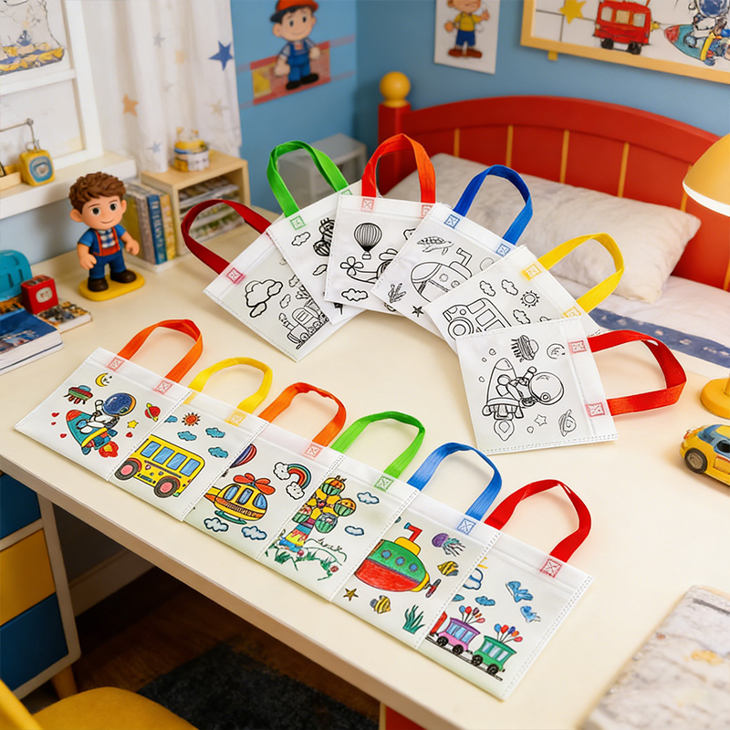Personalized DIY Coloring Non-Woven Tote Bags 36pcs Reusable Colorful Gift for boy and girl Gift for kids Party Favors Art Party Favor Doodle Bags Handles for Shopping Storage Lightweight Construction Event Organizers