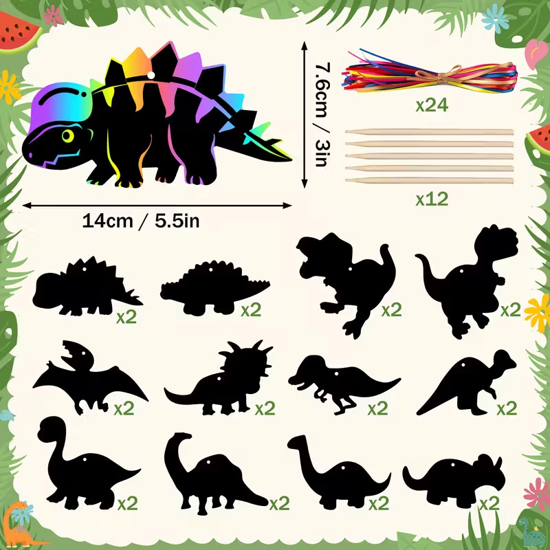 Personalized 48/24pcs Rainbow Dinosaur Scratch Art Set  Dinosaur Party and Room Decor Classroom Craft Birthday Party Supplies Gift for boy and girl Gift for kids Party Favors Event Organizers 