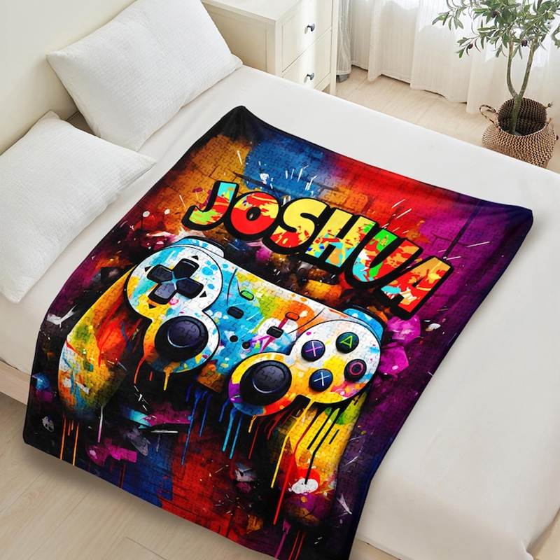Personalized Gaming Theme 3D Cube Style Splatter Paint Soft Throw Blanket with Name Gaming Room Decor Birthday Gift for Gamer Kid