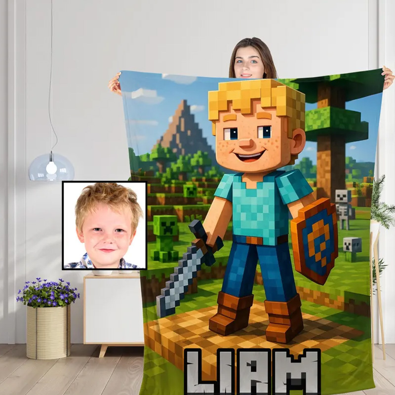Personalized Pixel Style with Face Name Theme 3D Cube Style Splatter Paint Soft Throw Blanket with Name Gaming Room Decor Birthday Gift for Gamer Kid