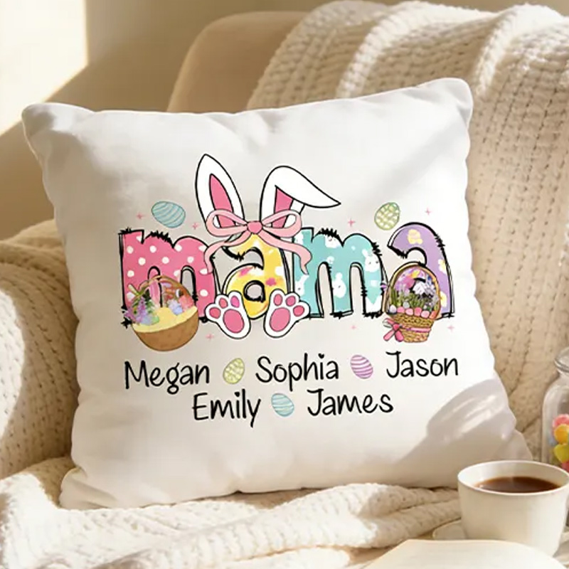 Personalized Mama Easter Pillow with Kids Names Custom Double Side Bunny Pillow Easter Gift for Mom Kids