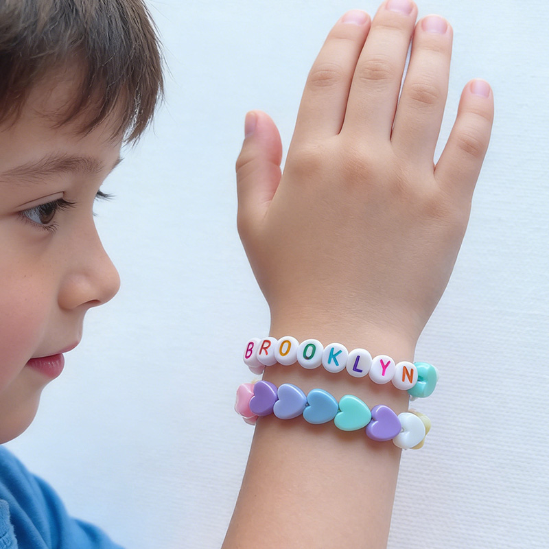 Personalized Rainbow Hearts Girls Letter Bead Bracelet Custom Name Gift for Kids Jewelry for Toddlers Bracelet Stretchy Bead Heart Bracelets