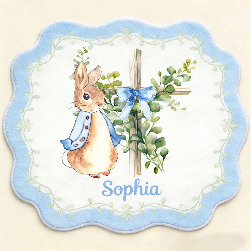 Personalize Floral Bow Cross Rabbit Rug with Custom Name Home Decor Religious Rug Faith Based Gift Easter Gift Christian Gift for Kids