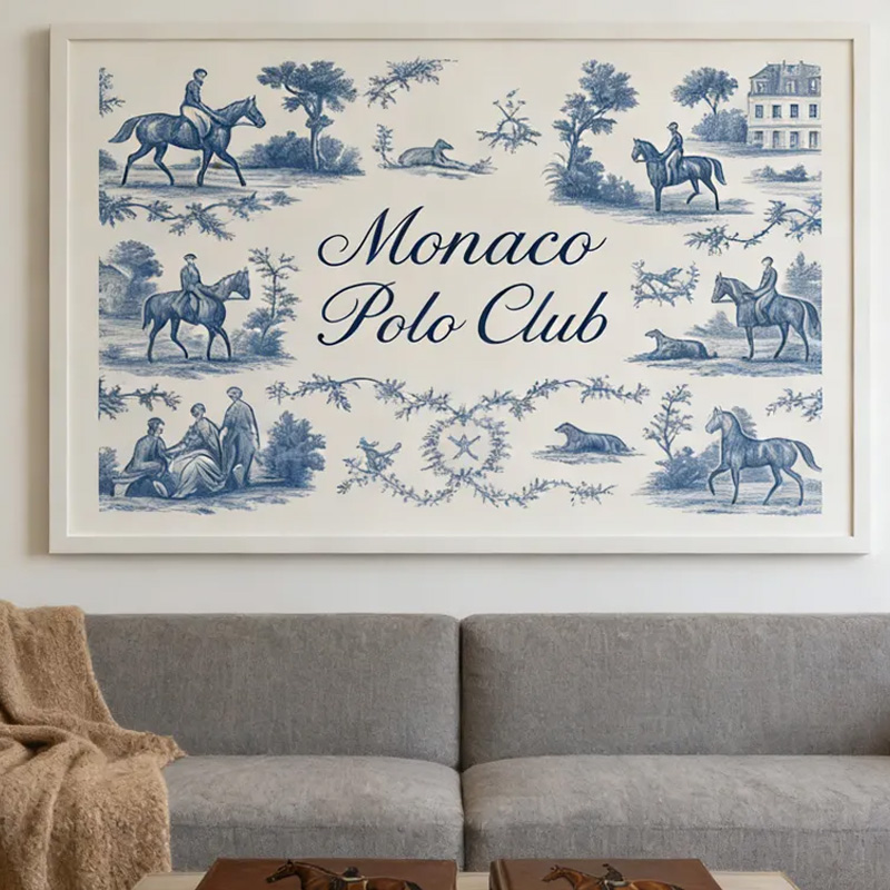 Personalized French Toile Equestrian Art Poster Riding Wall Art Sports Printable Room Art Decor for Equestrian Riding Lovers 