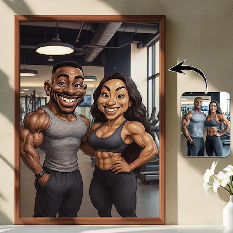 Personalized Gym Lover Couple Portrait Fitness Gifts Cartoon Weightlifter Portrait Bodybuilding Poster Fitness Gym Weightlifting Gym Gift ideas for Gym Lovers
