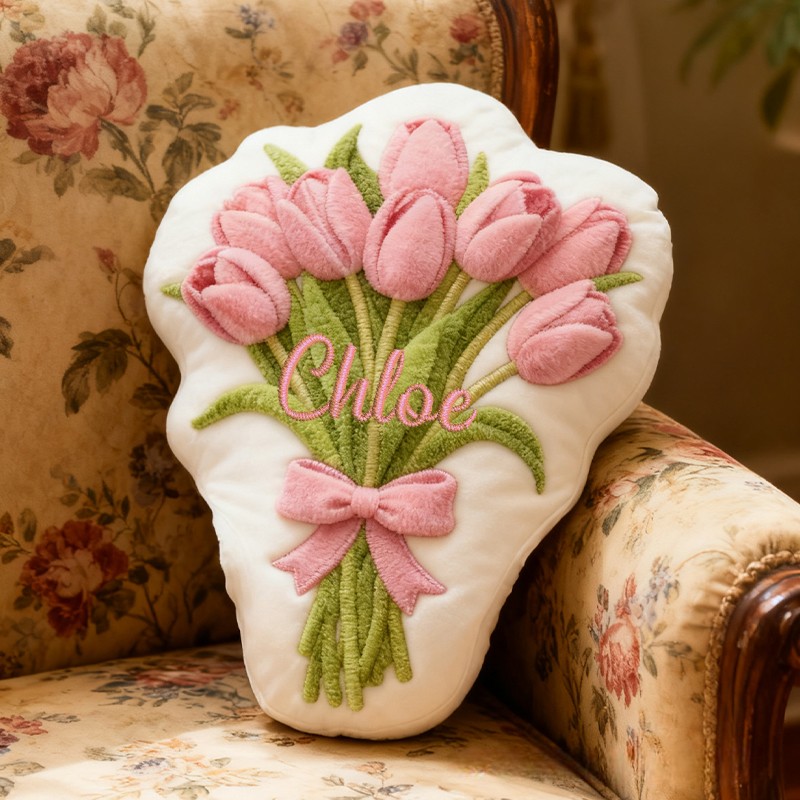 Personalized Pink Tulip Bouquet Custom Name Soft Decorative Gift Floral Spring Style Cozy Home Garden Fresh Lovely Elegant Bloom Magic Graphic 3D Print Pillow