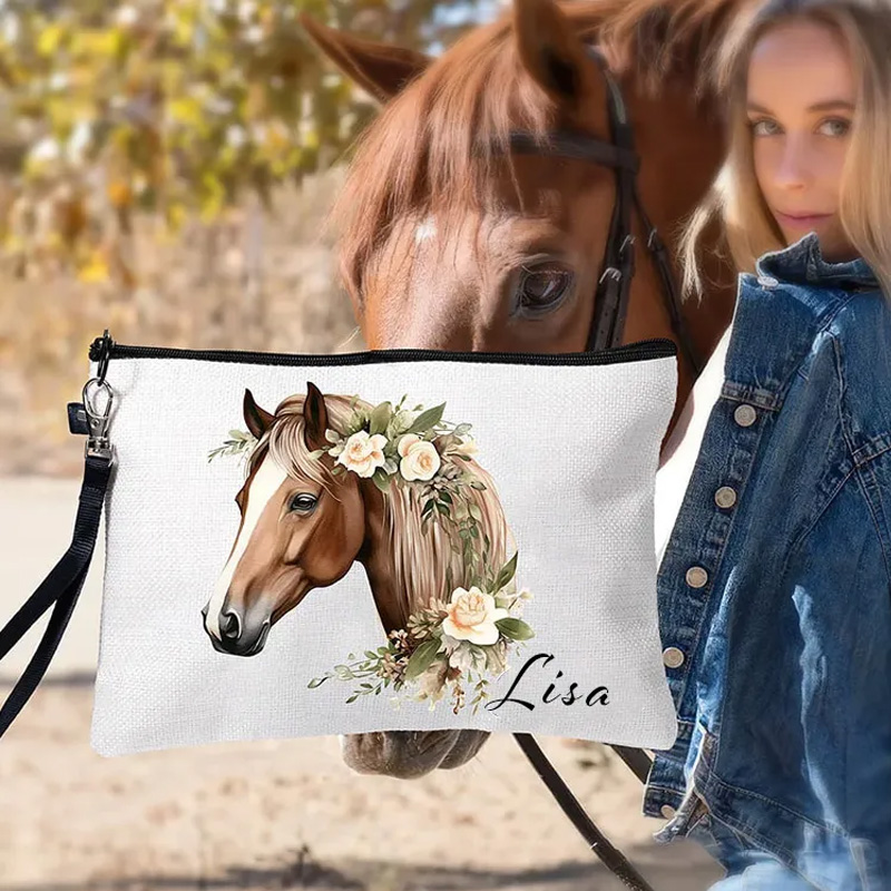Personalized Watercolor Floral Horse Linen Wristlet Makeup Bag with Name Birthday Gift for Women Riding Lovers