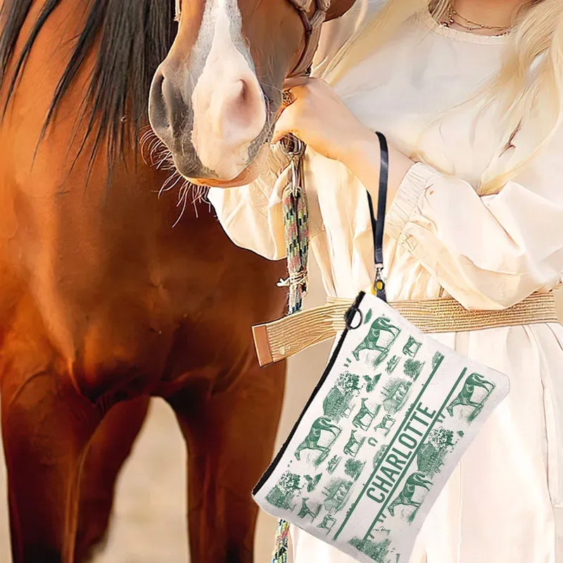Personalized Equestrian Pattern Linen Makeup Bag with Name Birthday Gift for Women Riding Lovers