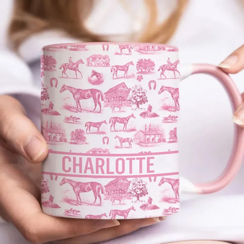 Personalized Multicolor Equestrianism Pattern Ceramic Coffee Mug with Text and Coaster Anniversary Birthday Gift for Equestrians Cowgirls Riding Lovers