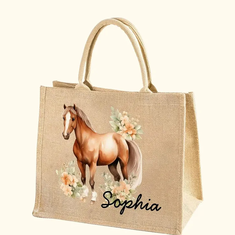 Personalized Floral Horse Reuseable Jute Tote Bag with Name Birthday Christmas Gift for Riding Lovers Equestrian Lovers
