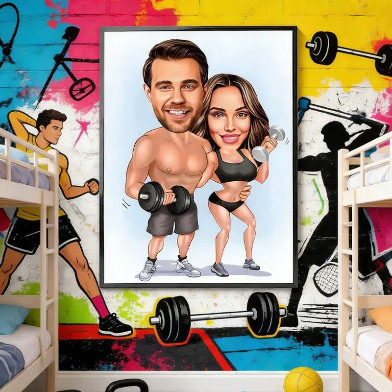Personalized Gym Lover Couple Portrait Fitness Gifts Cartoon Weightlifter Portrait Bodybuilding Poster Fitness Gym Weightlifting Gym Gift ideas for Gym Lovers