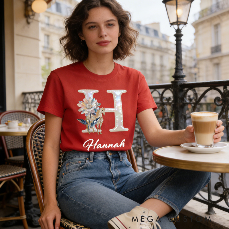 Personalized Horse Riding Birth Flower Initial Name Classic T-shirt for Women for Girls for Horse Lovers Riding Lovers Equestrian Lovers