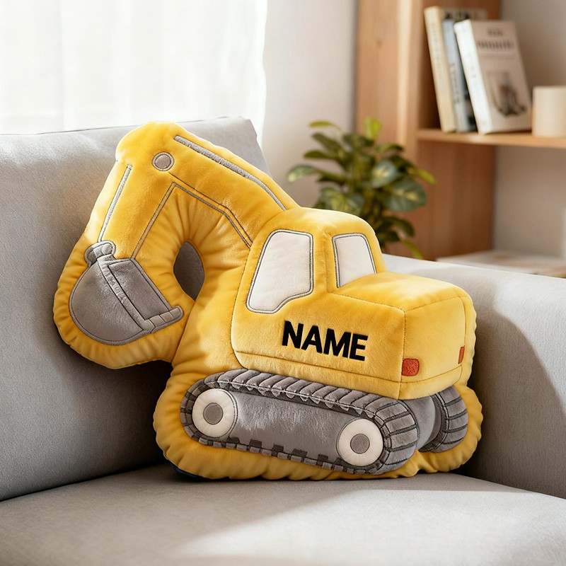  Personalized 3D Construction Excavator Plush Pillow With Your Own Name Soft Stuffed Toy for Kids Unique Decorative Cushion for Boys’ Room and Playroom